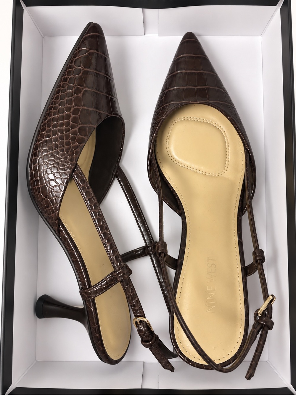 Nine West Dark Brown Croc-Embossed Pointed Slingback Heels